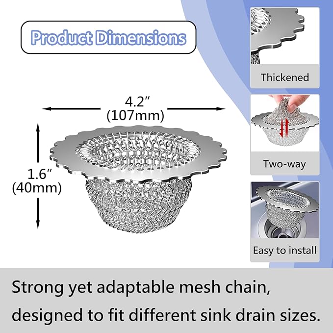 Kitchen Sink Drain Strainer, Patented 304 Stainless Steel Reversible Mesh Strainer with Flexible Chain, Handcrafted Anti-Clog Garbage Disposal Tool, Easy to Clean - 1 Pack