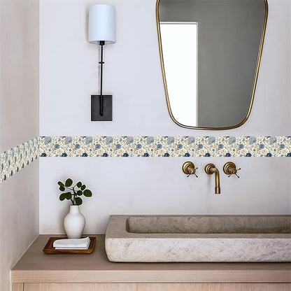 Blue Floral Wallpaper Border 196x4 Inch Peel and Stick Removable Vinyl Wall Border Elegant Blue and Beige Flower Wall Trim for Kitchen Bathroom Bedroom Living Room Home Decor
