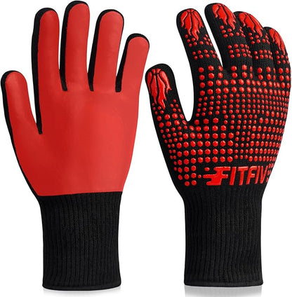 BBQ Gloves, Oven Gloves, 1472°F Extreme Heat Resistant Barbecue Gloves, Silicone Non-Slip Oven Mitts, Kitchen for Cooking, Grilling, and Baking (Red)
