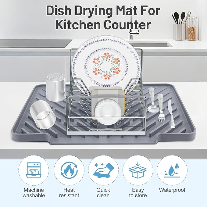 Silicone Dish Drying Mat for Kitchen Counter Essentials with Wider Drain Spout, Non-Slip Heat Resistant Dish Drying Pad with Hanging Hole for Sink RV Camper Travel Multipurpose Drainer Mat Grey
