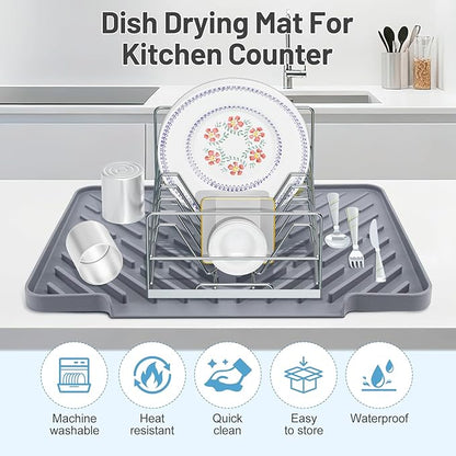 Silicone Dish Drying Mat for Kitchen Counter Essentials with Wider Drain Spout, Non-Slip Heat Resistant Dish Drying Pad with Hanging Hole for Sink RV Camper Travel Multipurpose Drainer Mat Grey