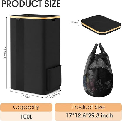 Laundry Basket Clothes Hamper with Lid and Removable Bag Large Collapsible Laundry Baskets with Handle, Freestanding Hampers for Bedroom Aesthetic, Dorm, Bathroom, Laundry Room 100L (Black)