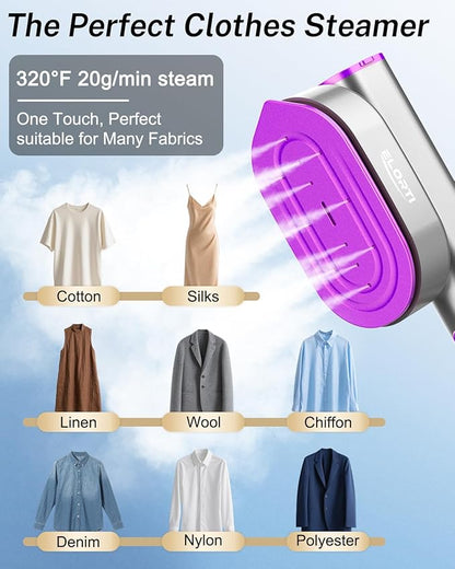 Steamer for Clothes ELORTI, Travel Clothes Steamer Handheld Portable Mini Small, 2-in-1 iron with 10s Fast Heat-Up, Rotatable Head 1200W, 110-120V, Office & Home, purple
