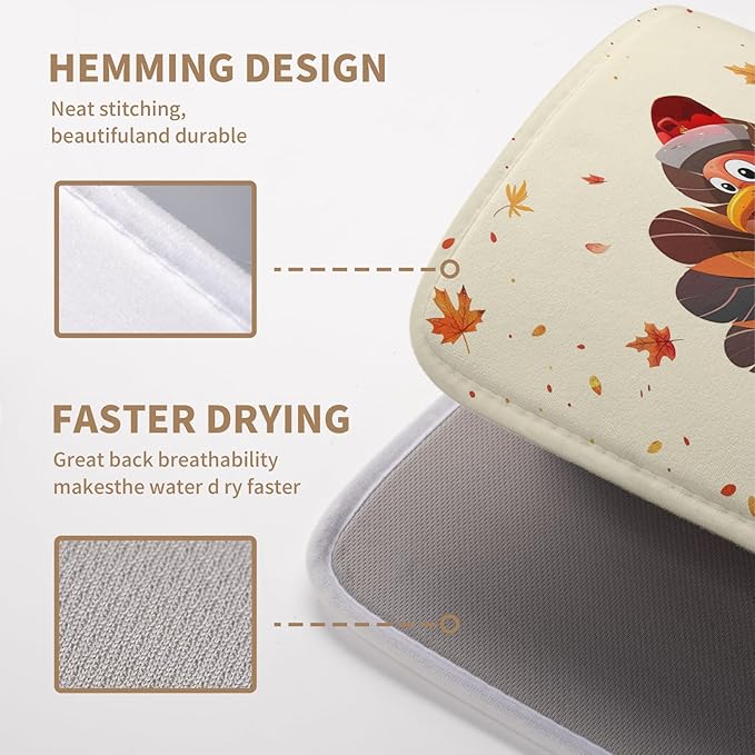 Thankgiving Dish Drying Mat for Kitchen Counter 16x18 Inch Fall Orange Turkey Maple Leaf Pumpkin Absorbent Microfiber Dish Rack Mat Autumn Thankgiving Dish Drying Pad for Coffee Bar Sink