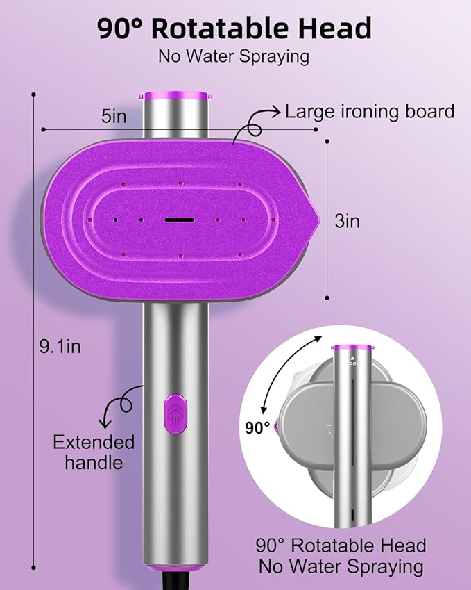 ELORTI Travel Steamer for Clothes, Handheld & Portable 2-in-1 Design, 10s Rapid Heat, 1200W Rotating Head, Compact Size 110–120V for Travel, Home (Pruple)