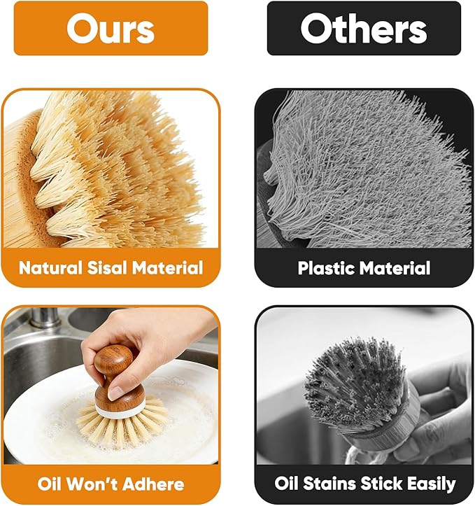 Bamboo Dish Brush, Natural Wooden Washing Dish Brush Scrubber for Pans Dishes Pots Kitchen Sink Cleaning