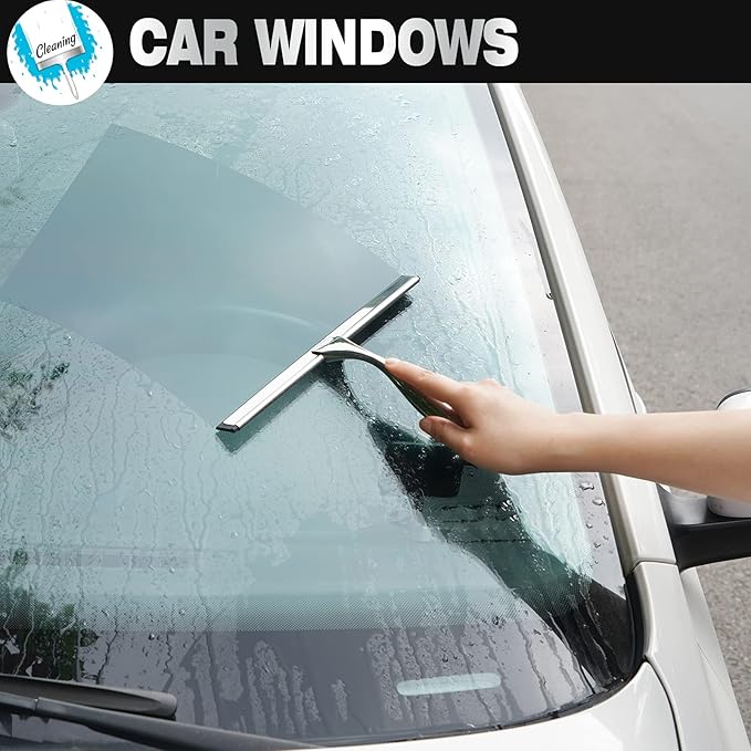 NETANY Shower Squeegee, 14-Inch Silver Squeegee, All-Purpose Stainless Steel Squeegee for Bathroom, Shower Doors, Mirrors, Tiles and Car Windows - 100% Streak Free