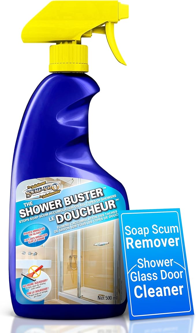 SURF PRO Shower Glass Door Cleaner – Shower Buster Spray for Soap Scum & Hard Water Stains – No Scrub Bathroom Cleaner for Glass, Tile, Chrome, Ceramic, RV and Septic Safe (500ml / 16.9oz)