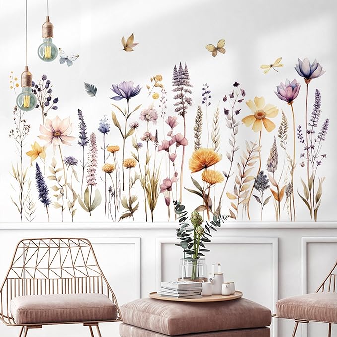 Wildflower Wall Decals Wall Decor Boho Flower Stickers, Dandelion Grass Wall Art Murals, 3D Flower Pattern Self-Adhesive Wall Stickers for Girls Bedroom Living Room Nursery Decor