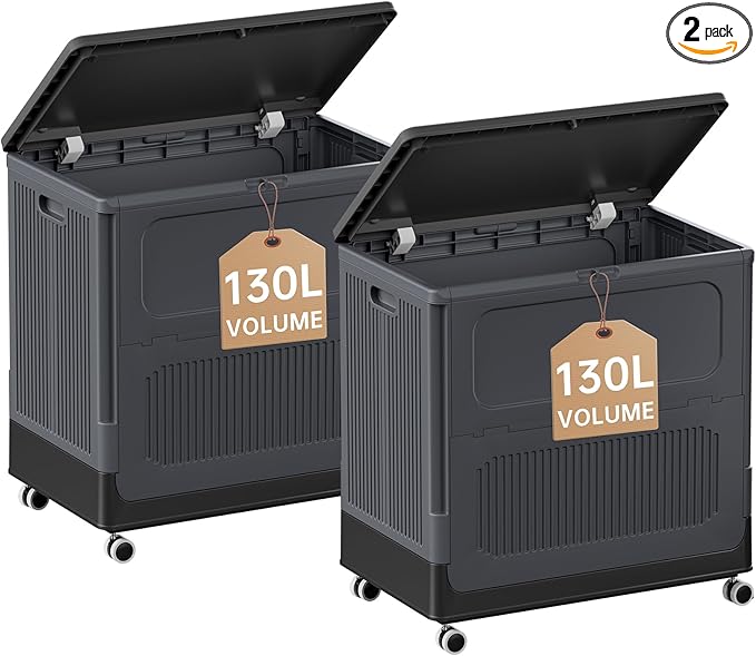 HAIXIN HOME 130L Rolling Laundry Hamper with Lid, Large Plastic Laundry Basket for College Dorm, Foldable Dirty Clothes Hamper Organizer for Industry, Bedroom, Living Room, Bathroom - Black 2 Pack
