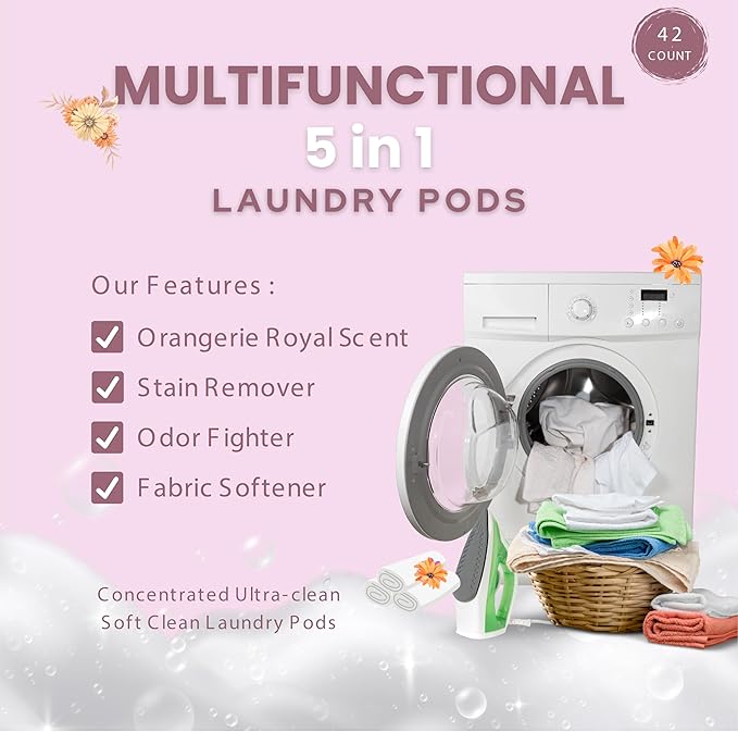 Gold n Pearls 5-in-1 Laundry Pods, Orangerie Royal Scent - Stain Remover, Fabric Softener, Fragrance Booster, Brightener & Deep Clean, 42 Count
