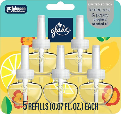 Glade PlugIns Refills Air Freshener, Lemon Zest & Poppy, Scented and Essential Oils for Home and Bathroom, 0.67 Fl Oz, 5 Count
