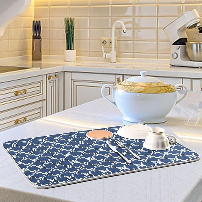 Super Absorbent Dish Drying Mat Microfiber Fast-Drying Dish Mat 24" x 18" Kitchen Dish Drying Pad Watercolor Cute Navy Blue Moroccan Mandala