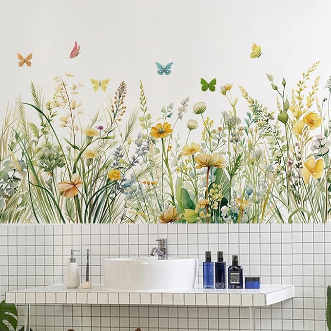 Flowers Wall Decals Room Decor Flower Wall Stickers, Wildflower Dandelion Grass Wall Art Murals, 3D Flower Pattern Self-Adhesive Wall Stickers for Girls Bedroom Living Room Nursery Decor