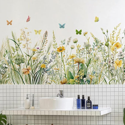 Flowers Wall Decals Room Decor Flower Wall Stickers, Wildflower Dandelion Grass Wall Art Murals, 3D Flower Pattern Self-Adhesive Wall Stickers for Girls Bedroom Living Room Nursery Decor