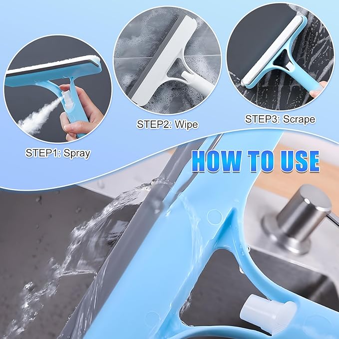 2 Pcs 3 in 1 Window Squeegee Cleaner,3 in 1 Spray Squeegee,WindowSqueegee with Spray,Squeegee for Shower Glass,for Car, Home, Kitchen Window,All-Purpose Window Cleaner Tool (Blue+White)