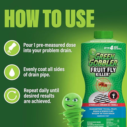 Green Gobbler Fruit Fly Killer+ - Kills Fruit Flies, Drain Flies & Sewer Flies, Gel Treatment for Use in Sinks & Pipes - Safe for Septic Systems, 32oz - Up to 8 USES (2 Pack)