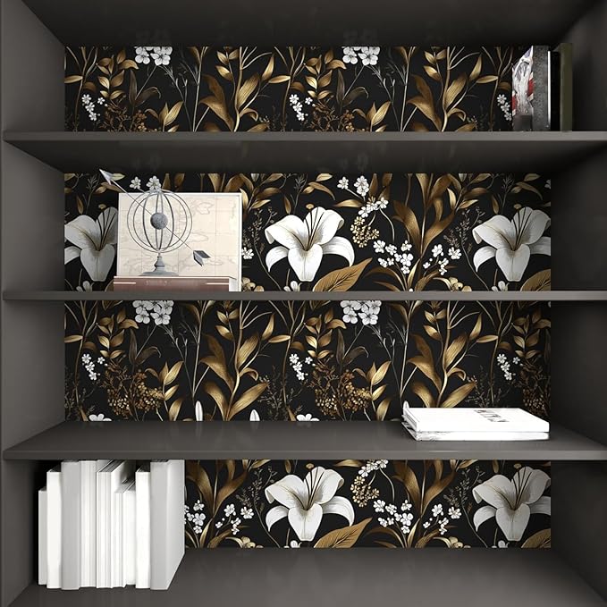 Laatse Black Gold Wallpaper Peel and Stick, Dark White Floral Vintage Contact Paper 17.5" x 197", Golden Botanical Wall Paper Self Adhesive Removable Waterproof for Bedroom Shelf Drawer Table Decor