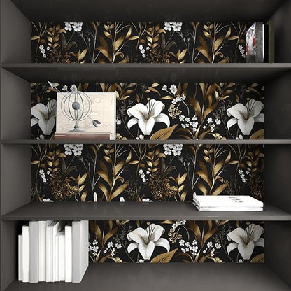Laatse White Floral Wallpaper Peel and Stick, Black Gold Vintage Contact Paper, Dark Golden Botanical Wall Paper Self Adhesive Removable Waterproof for Bedroom Cabinet Drawer Table Decor 17.5" x 118"