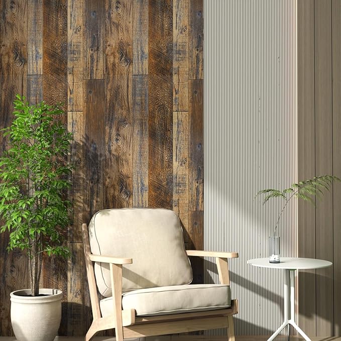 Livebor Brown Wood Contact Paper Peel and Stick Wallpaper 17.5" X 196.8" Rustic Wood Peel and Stick Faux Wood Wall Paper Plank Self Adhesive Contact Paper for Wall Decorative Cabinets Shelf Liner Use