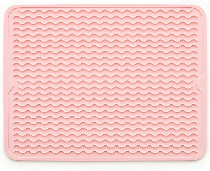 Silicone Drying Mat 16 × 12 – Pink Rose Non-Slip Sink Mat for Kitchen Counter, Heat-Resistant Food-Grade Dish Pad, Easy-Clean Multipurpose Drawer Liner (Pink Rose, 16" x 12")