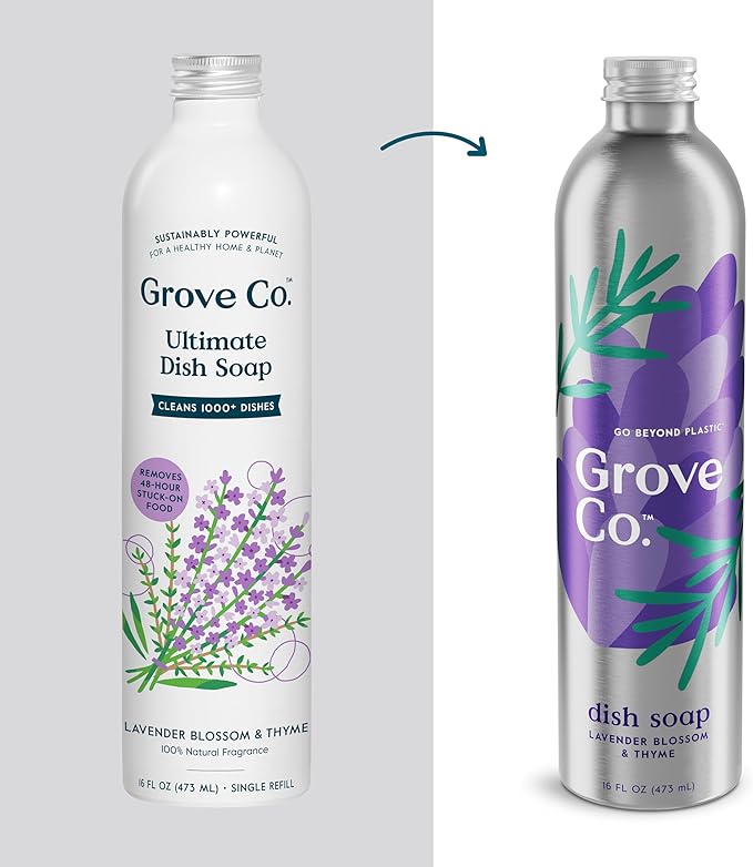 Grove Co. Ultimate Dish Soap Refills (3 x 16 Fl Oz) Removes 48-hour Stuck-on Food and Grease, Plastic-Free Cleaning Products, 100% Natural Lavender Blossom & Thyme Fragrance