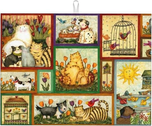 Happy Animal Painting Dish Drying Mats for Kitchen Counter, Absorbent Reversible Microfiber Dish Drying Pad, Multi-Use Large Drying Mat Coffee Bar Accessories 18"x24"