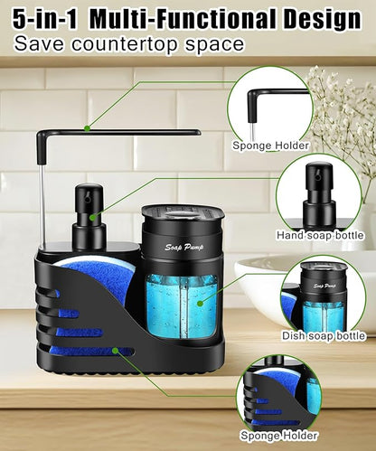 Kitchen Soap Dispenser Set, 4-in-1 Dual Hand and Dish Soap Dispenser with Sponge Holder and Dishcloth Holder for Kitchen Sink (Black)