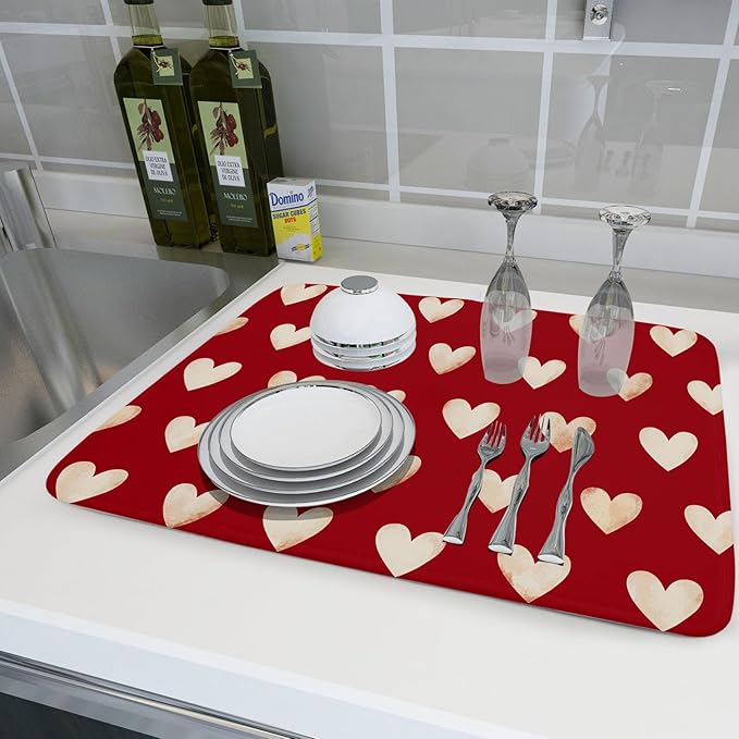 Valentines Day Dish Drying Mat 18 x 24 Inch With Absorbent Reversible Microfiber Red Love Heart Valentine Drying Anniversary Wedding Dish Drainer Mat Fast Dry For Kitchen Dining Room Decor