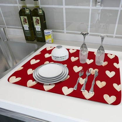 Valentines Day Dish Drying Mat 18 x 24 Inch With Absorbent Reversible Microfiber Red Love Heart Valentine Drying Anniversary Wedding Dish Drainer Mat Fast Dry For Kitchen Dining Room Decor