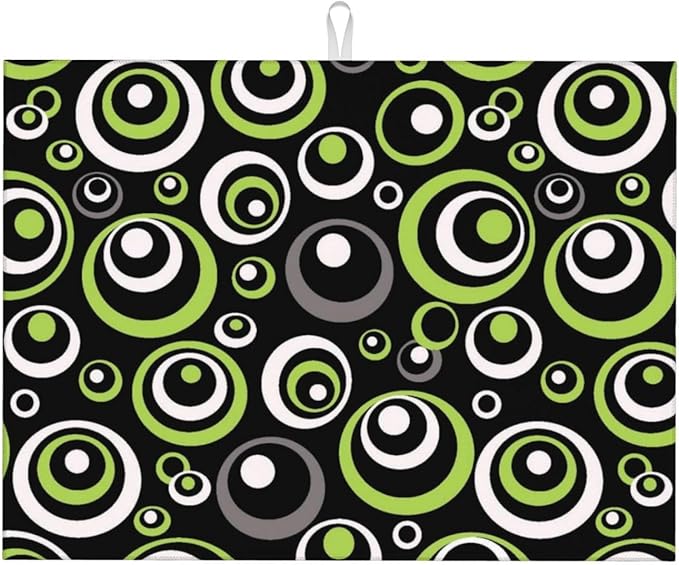 Green Black Gray Geometric Circle Dish Drying Mat for Kitchen Counter, Absorbent Microfiber Modern Drying Pad for Dish Drainer, Washable, Foldable for Kitchen Gadgets, Multi-Use, Home Decor, 18" x 24"