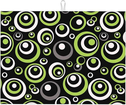 Green Black Gray Geometric Circle Dish Drying Mat for Kitchen Counter, Absorbent Microfiber Modern Drying Pad for Dish Drainer, Washable, Foldable for Kitchen Gadgets, Multi-Use, Home Decor, 18" x 24"