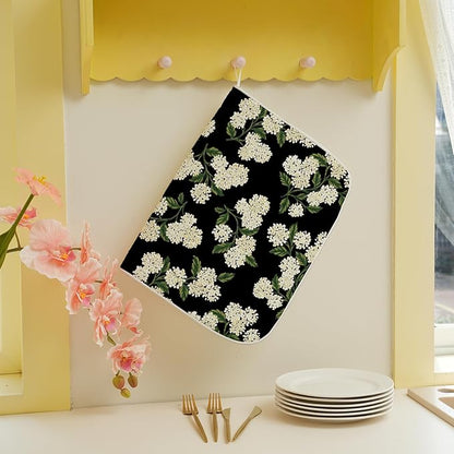 Black Hydrangea Dish Drying Mats 18x24 Inch Mats Spring Beige Green Floral Drying Mats Summer Vintage Flower Seasonal Absorbent Drying Dish Pad for Kitchen Dining Room Counter Decorations