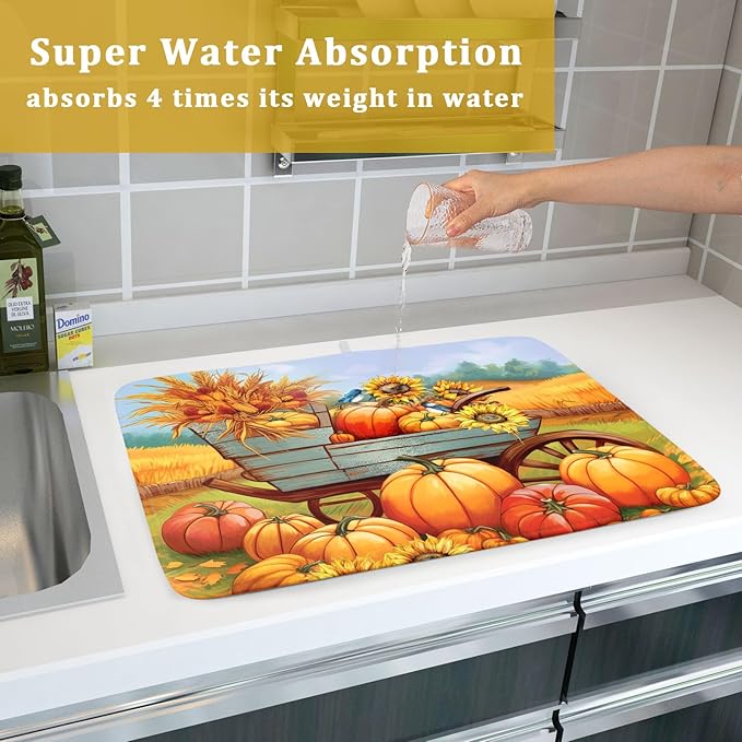 Thanksgiving Autumn Harvest Pumpkin Dish Drying Mat for Kitchen Counter,Sunflowers and Cart Drying Mat 18 x 24 Inch Microfiber Dish Drying Pad Ear of Rice Dish Rack Drainer Mat for Coffee Bar