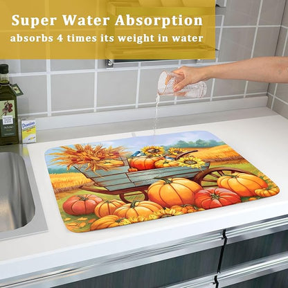 Thanksgiving Autumn Harvest Pumpkin Dish Drying Mat for Kitchen Counter,Sunflowers and Cart Drying Mat 18 x 24 Inch Microfiber Dish Drying Pad Ear of Rice Dish Rack Drainer Mat for Coffee Bar