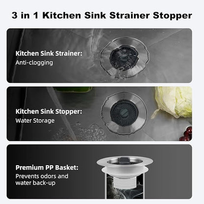 Universal 2 Pack Kitchen Sink Strainer with Drain Stopper Set, Stainless Steel Pop Up Kitchen Sink Stopper, Equipped with 4 Basket Strainers, Dishwasher Safe, Fits 3-1/2'' Drain