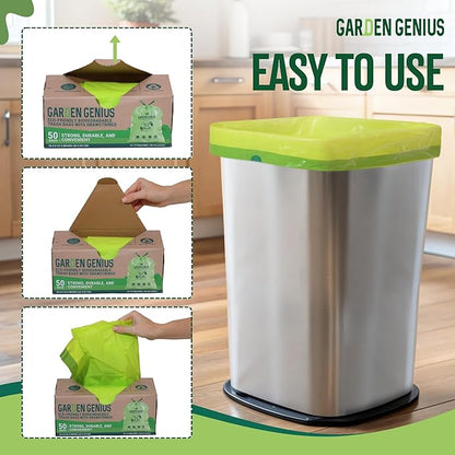 Biodegradable 13-17 Gallon Code-Q Trash Bags (50 Pack) | Strong Heavy-Duty Tall Green Kitchen Bags w/Drawstring | Fits Simplehuman & Standard Cans | Eco-Friendly D2W, 30 Micron Thick | 25.6" x 33.5"
