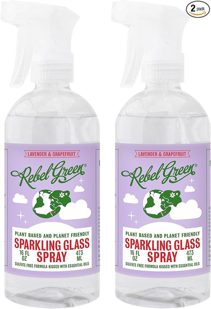 Rebel Green Sparkling Glass Spray - Streak-Free Natural Glass Cleaner for Windows, Mirrors, and Surfaces - Lavender & Grapefruit Scent - 16 oz - 2 Pack