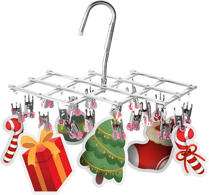 Drying Hanger, Hanging Drying Rack, Drip Hanger Stainless Steel with 18 Pegs for Laundry Underwear Socks, Quickly Remove Clothes from Hanger, Windproof, Folding Portable, (Red)