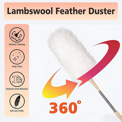 Lambswool Duster Extendable 22–55 Inch Natural Wool Duster with Flexible Head for Ceilings Furniture Blinds Electronics Washable Reusable White