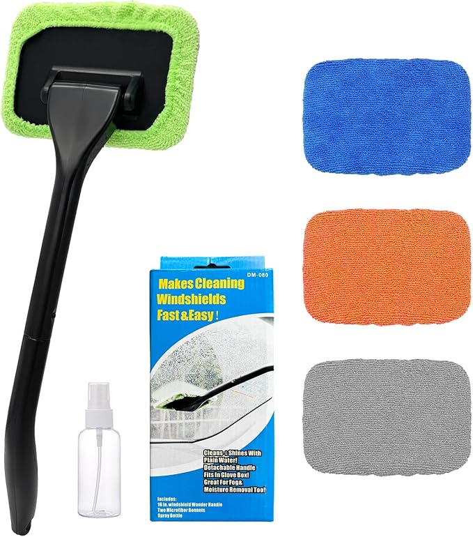 Car Windshield Cleaning Tool, Microfiber Window Cleaner with 4 Washable and Reusable Cloth Pad & Long Handle, Auto Glass Wiper Cleaning Kit with Spray Bottle, Car Accessories
