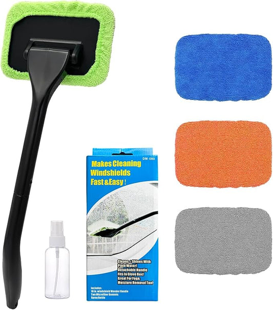 Car Windshield Cleaning Tool, Microfiber Window Cleaner with 4 Washable and Reusable Cloth Pad & Long Handle, Auto Glass Wiper Cleaning Kit with Spray Bottle, Car Accessories