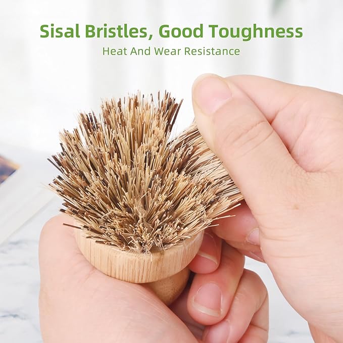 6 Packs Bamboo Dish Brush - Kitchen Scrub Brush, Natural Union Fiber and Tampico Fiber Dish Scrubber for Washing Cast Iron Pan/Pot(Hard Bristle)