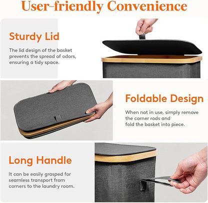 Lifewit 50L Slim Laundry Hamper with Lid, Narrow Laundry Basket with Removable Bag & Bamboo Handles, Fodable Thin Dirty Clothes Hamper for Laundry Collapsible Bin for Bathroom Bedroom Dorm, Dark Gray