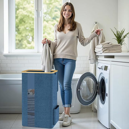 Laundry Basket Clothes Hamper with Lid and Pocket Large Collapsible Laundry Baskets with Handle, Freestanding Hampers for Bedroom Aesthetic, Dorm, Bathroom, Laundry Room (100L,Light Blue)