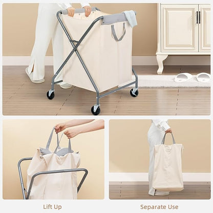 STORAGE MANIAC 125L Collapsible Laundry Hamper with Wheels, Rolling Laundry Basket, Heavy Duty Cloth Sorter with Removable Bag, Folding X Frame Clothes Organizer Cart for Easy to Store, 2 Section
