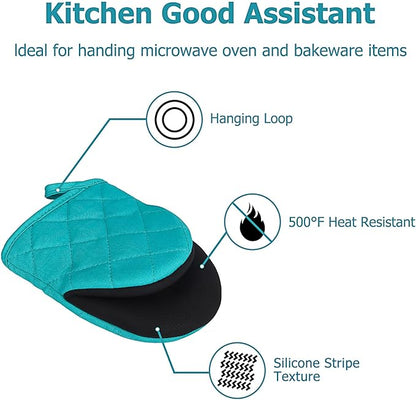 Short Oven Mitts, Heat Resistant 500°F, Silicone Grip Kitchen Gloves, Non-Slip for Baking, Grilling, BBQ, Machine Washable with Hanging Loop, 2-Pack Set, Coral Blue