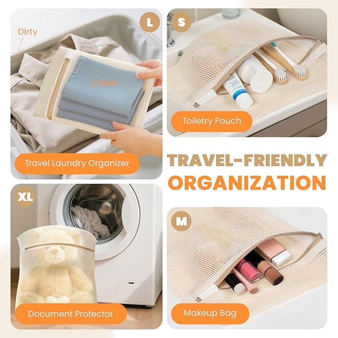 ABRRLO 4Pcs Cotton Mesh Laundry Bags for Delicates,Breathable Mesh Garment Bag for Washing Machine, Travel Wash Bags with Zipper for Bras, Underwear, Socks, Clothes, Laundry Dorm Room Essentials(S-XL)