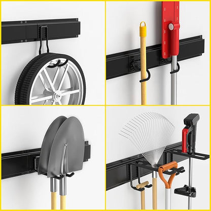 64" Ailadl Wall Mount Tool Storage Rack, 15 PCS Heavy Duty Steel Yard Garden Tool Organizer, Garage Tool Organizer Wall Mounted Storage System Hold Up to 550lbs, with 2 Extension Cord