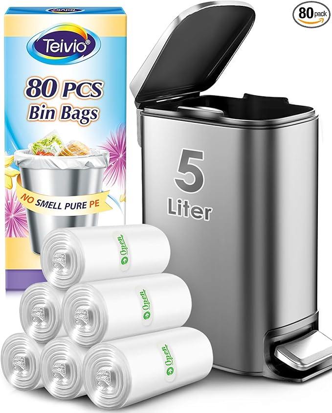 1.2 Gallon 80 Counts Strong Trash Bags Garbage Bags, Bathroom Trash Can Bin Liners, Small Plastic Bags for home office kitchen, fit 5-6 Liter, 0.8-1.6 and 1-1.5 Gal, Clear